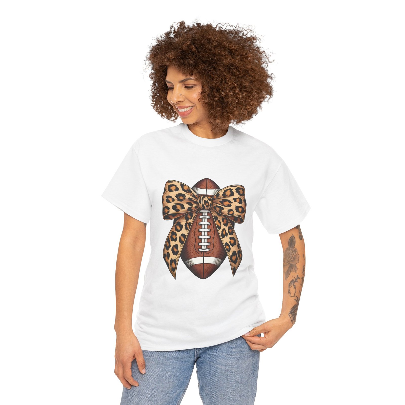15686360573111876369_2048.jpeg Leopard Bow Football Tee | Unisex Heavy Cotton T-Shirt, Sports Shirt, Game Day Outfit, Fall Fashion, Birthday Gift - Image 6