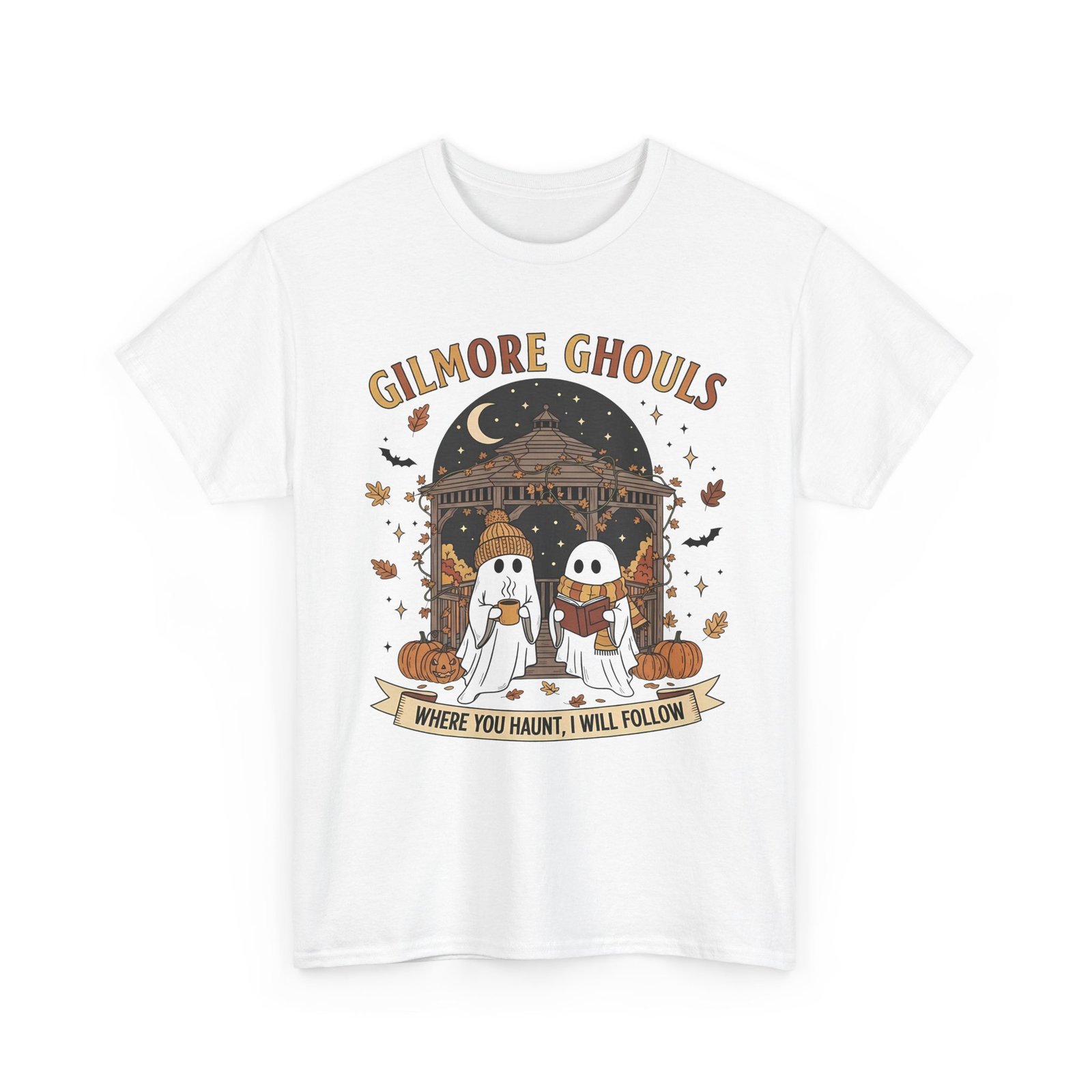 167627373426799515_2048.jpeg Gilmore Ghouls Unisex Heavy Cotton Tee - Halloween Shirt, Spooky T-Shirt, Fall Apparel, Ghosts & Pumpkins, Casual Wear - Image 1